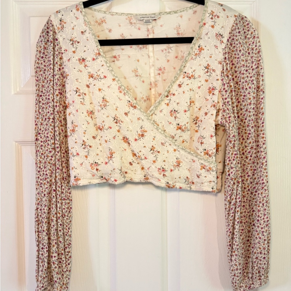 American Eagle Outfitters Cream and Pink Wrap Crop Blouse